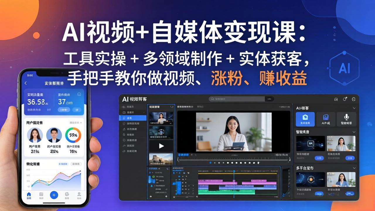 AI视频+自媒体变现课：工具实操 + 多领域制作 + 实体获客，手把手教你做视频、涨粉、赚收益-时光云网创