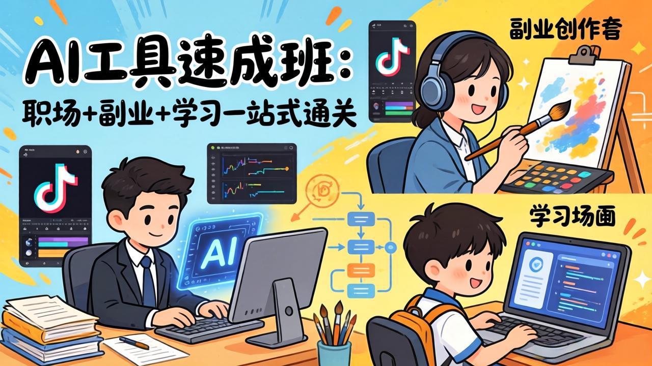 AI工具速成班：职场+副业+学习一站式通关，20+爆款类型+剪映技巧+抖音算法，0基础快速上手-时光云网创