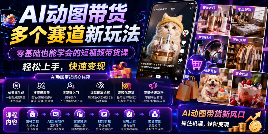 AI动图带货多个赛道新玩法，零基础也能学会的短视频带货课，轻松上手，快速变现-时光云网创