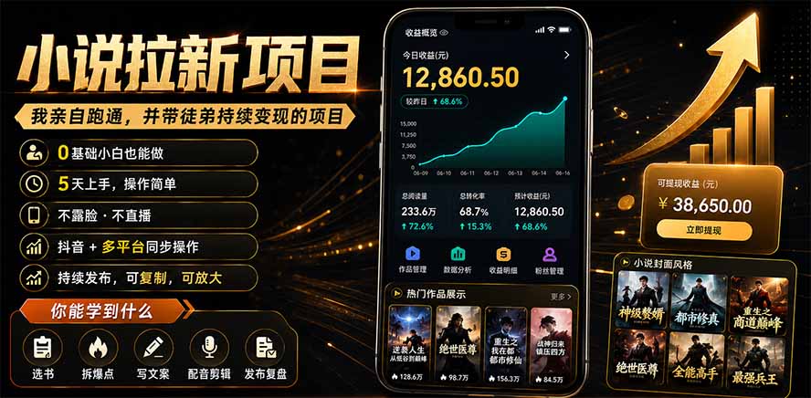 抖音及多平台小说拉新项目：我亲自跑通并持续带徒弟实操｜0基础小白5天上手快速变现-时光云网创