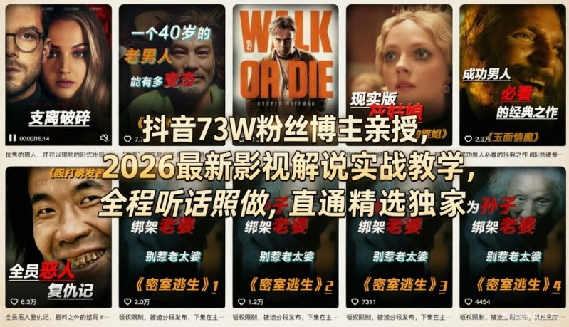 抖音73W粉丝博主亲授，2026最新影视解说实战教学，全程听话照做，直通精选独家-时光云网创