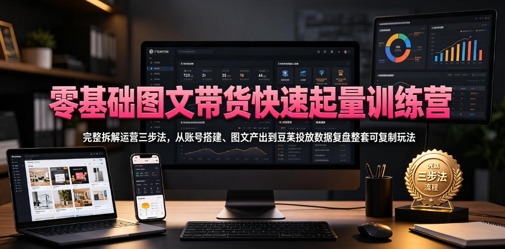 零基础图文带货快速起量训练营，完整拆解运营三步法，从账号搭建、图文产出到豆荚投放数据复盘整套可复制玩法-时光云网创