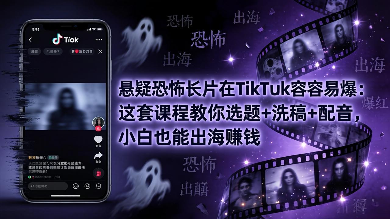 悬疑恐怖长片在TikTok最容易爆：这套课程教你选题+洗稿+配音，小白也能出海赚钱-时光云网创