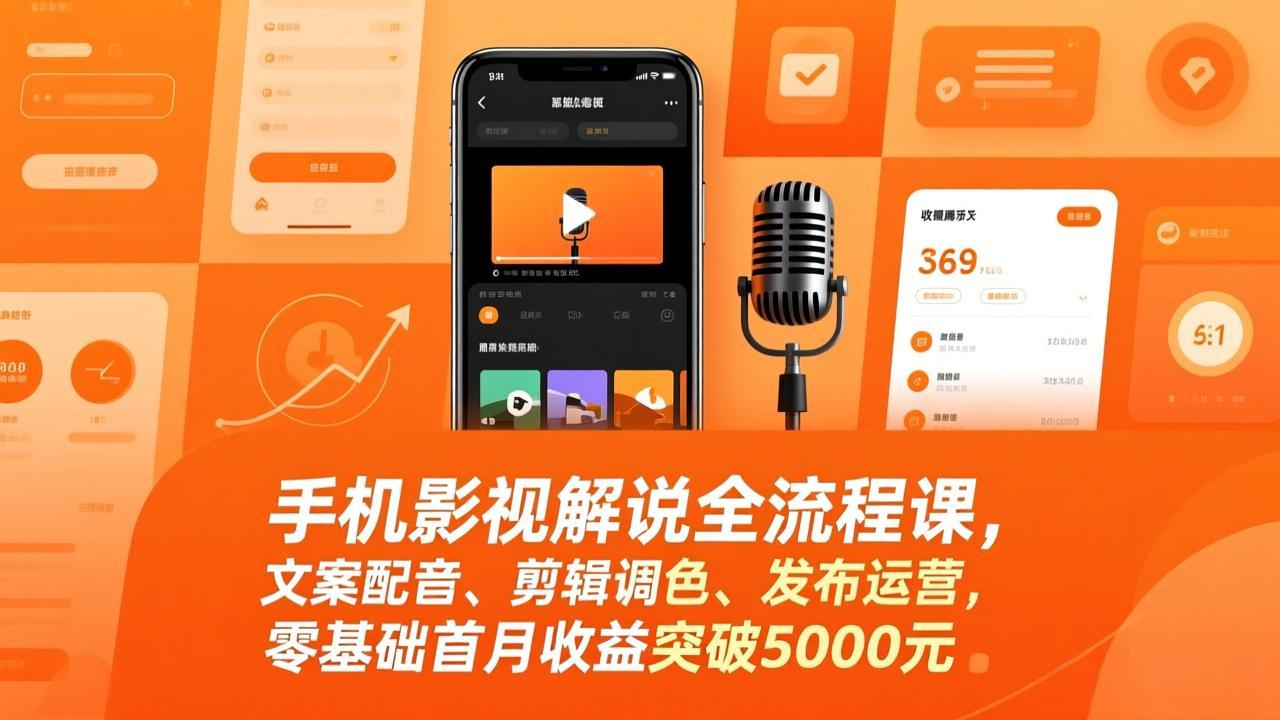 手机影视解说全流程课，文案配音、剪辑调色、发布运营，零基础首月收益突破5000元-时光云网创