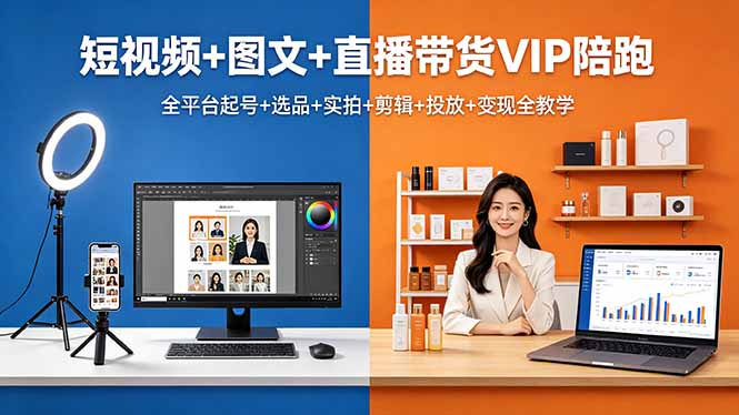 短视频+图文+直播带货VIP陪跑，全平台起号+选品+实拍+剪辑+投放+变现全教学-时光云网创