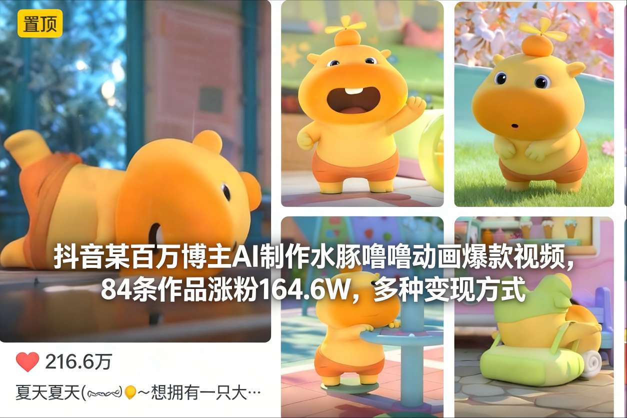 抖音某百万博主AI制作水豚噜噜动画爆款视频，84条作品涨粉164.6W，多种变现方式-时光云网创
