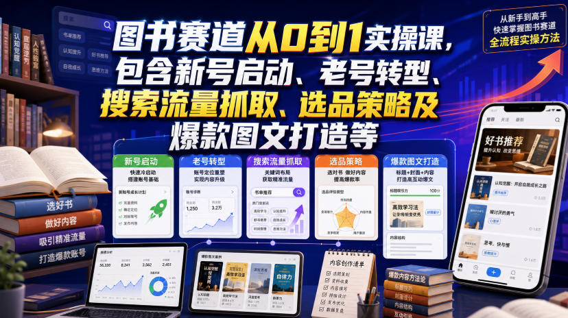 图书赛道从0到1实操课，包含新号启动、老号转型、搜索流量抓取、选品策略及爆款图文打造等-时光云网创