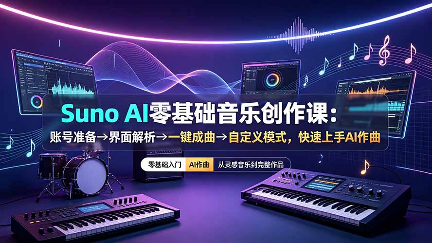Suno AI零基础音乐创作课：账号准备→界面解析→一键成曲→自定义模式，快速上手AI作曲-时光云网创
